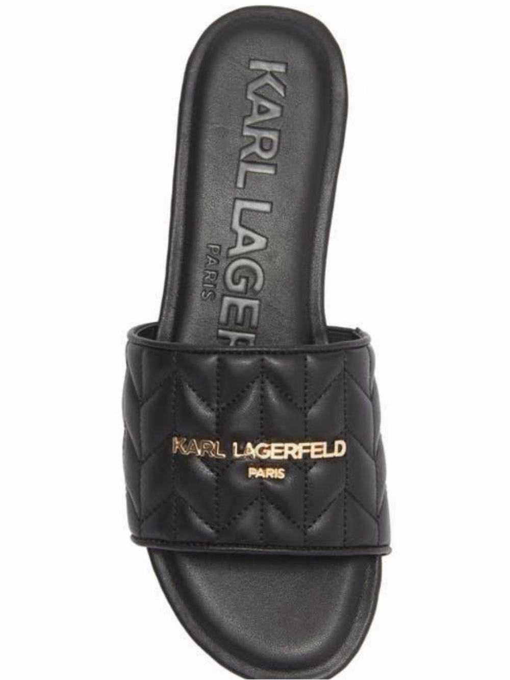 Karl Lagerfeld Black Quilted Slide with Gold Logo Plaque